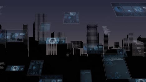 Animation-Von-Rundscannern-Und-Datenverarbeitung-Vor-Dem-Hintergrund-Einer-Luftaufnahme-Des-Stadtbildes
