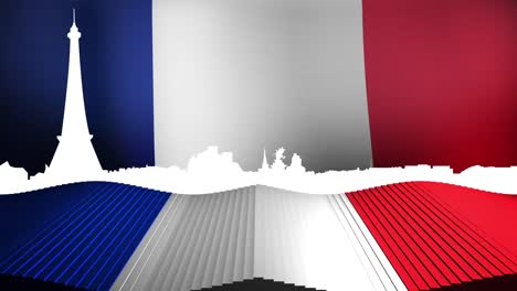 Animation-Der-Flagge-Frankreichs,-Die-Auf-Einer-Nahtlosen-Schleife-Mit-Dem-Eiffelturm-Weht