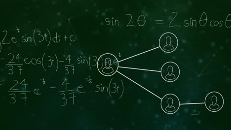 Animation-of-mathematical-equations-over-network-of-connections-with-icons-on-green-background