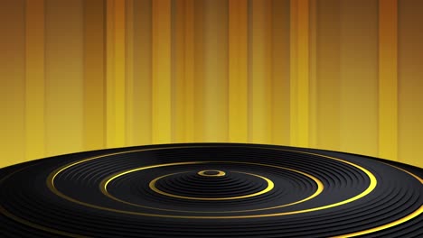 Animation-of-gold-and-black-circles-waving-over-yellow-background