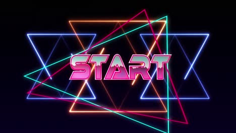 Animation-of-start-text-banner-over-glowing-light-trails-forming-geometric-shape-on-black-background