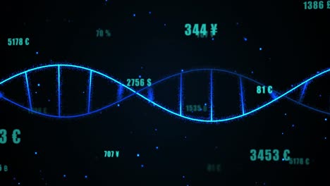 Animation-of-multiple-changing-numbers-over-spinning-dna-structure-and-blue-glowing-spots