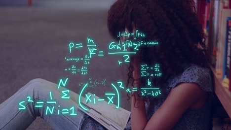 Animation-of-equations-and-data-processing-over-biracial-female-student-reading