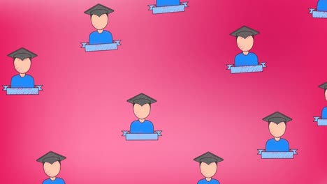 Animation-of-boy-wearing-graduation-hat-icons-in-seamless-pattern-against-pink-gradient-background