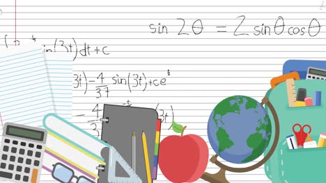 Animation-of-school-icons-and-mathematical-equations-over-lined-paper