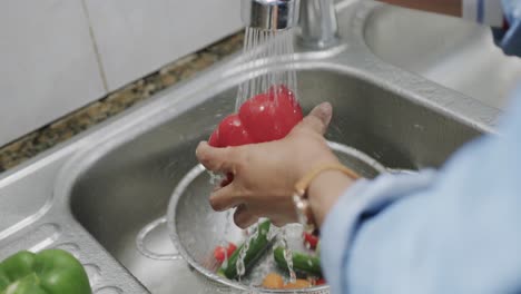 Hands-of-biracial-woman-washing-vegetables-in-kitchen-sink,-slow-motion