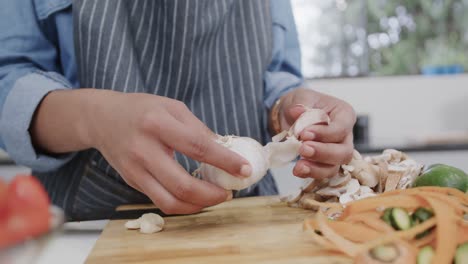 Midsection-of-biracial-woman-in-apron-preparing-meal,-peeling-garlic-in-kitchen,-slow-motion