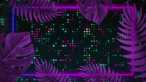 Animation-of-neon-leaf-pattern,-glowing-spots-and-data-processing