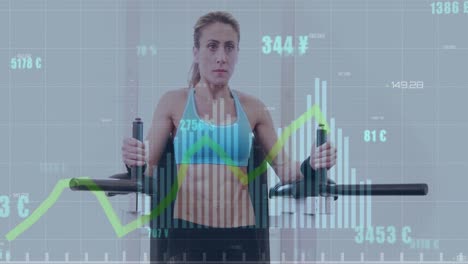 Animation-Der-Statistischen-Datenverarbeitung-über-Einer-Kaukasischen,-Fitten-Frau,-Die-Im-Fitnessstudio-Bauchmuskelübungen-Durchführt