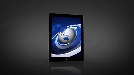 Animation-of-spinning-globe-on-screen-of-digital-tablet-against-grey-background