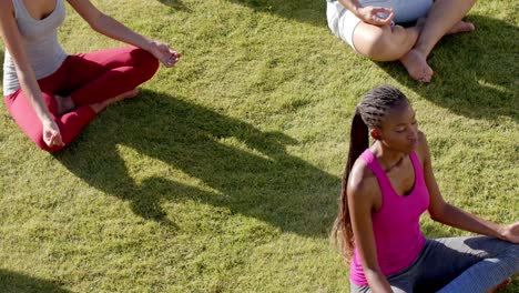 High-angle-view-of-diverse-friends-practicing-yoga-meditation-sitting-in-sunny-garden,-slow-motion