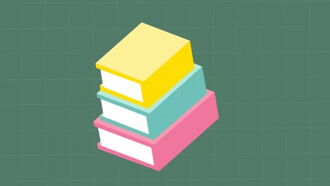 Animation-of-stack-of-books-icons-floating-over-grid-network-on-green-background-with-copy-space