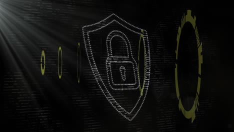 Animation-of-security-padlock-and-data-processing-over-black-background