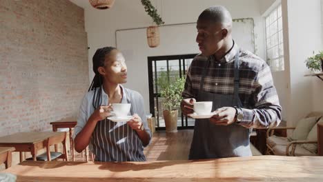 Happy-african-american-female-and-male-coffee-shop-owners-drinking-coffee-and-talking,-slow-motion