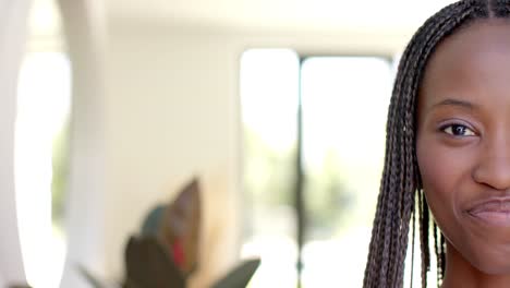 Half-portrait-of-african-american-woman-with-long-braids-smiling-at-home,-copy-space,-slow-motion