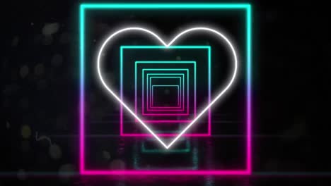Animation-of-neon-heart-icon-over-tunnel-on-neon-squares-on-black-background