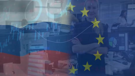 Animation-of-waving-eu-flag-and-data-processing-against-caucasian-woman-smiling-at-office