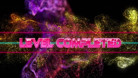 Animation-of-level-completed-text-banner-over-golden-and-purple-digital-waves-on-black-background