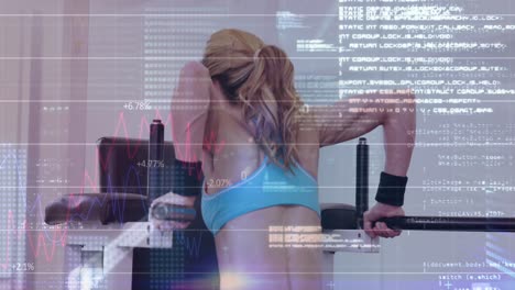 Animation-of-statistical-data-processing-over-caucasian-fit-woman-performing-triceps-exercise-at-gym