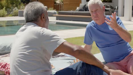 Diverse-senior-male-friends-having-conversation-at-picnic-in-sunny-garden,-unaltered,-in-slow-motion