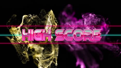 Animation-of-high-score-text-banner-over-golden-and-pink-digital-wave-against-black-background
