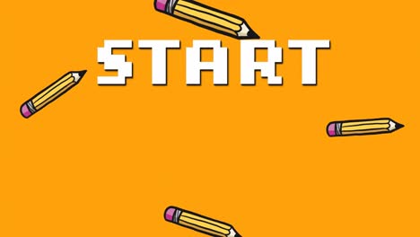 Animation-Von-Starttext-Und-Bleistiftschulsymbolen-Auf-Orangefarbenem-Hintergrund
