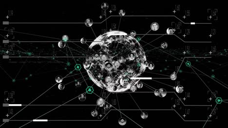 Animation-of-globe-of-profile-icons,-network-of-connections-and-data-processing-on-black-background