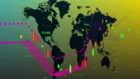 Animation-Der-Finanzdatenverarbeitung-über-Einer-Weltkarte-Vor-Einem-Farbverlaufshintergrund