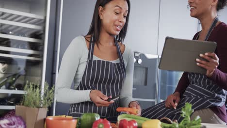 Happy-biracial-lesbian-couple-preparing-vegetables-and-using-tablet-in-kitchen,-in-slow-motion