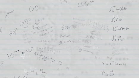 Animation-of-mathematical-equations-and-formulas-floating-against-white-lined-paper-background