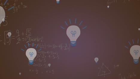 Animation-of-multiple-electric-bulb-icons-and-mathematical-equations-against-grey-background