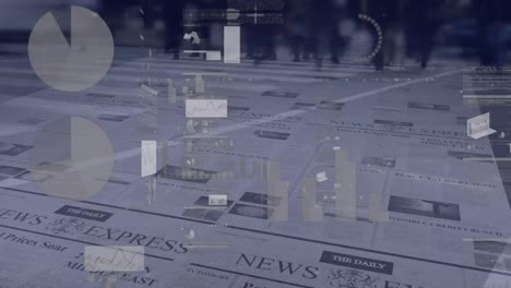 Animation-of-statistical-data-processing-over-people-walking-on-street-against-newspaper-printing