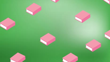 Animation-of-multiple-book-icons-in-seamless-pattern-against-copy-space-on-green-gradient-background
