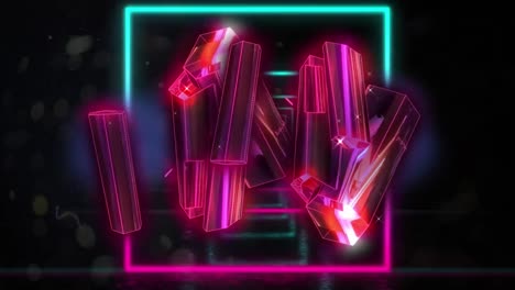 Animation-of-glowing-pink-metallic-blocks-over-neon-squares-on-black-background