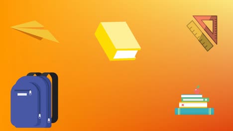 Animation-of-multiple-school-concept-icons-against-copy-space-on-orange-gradient-background