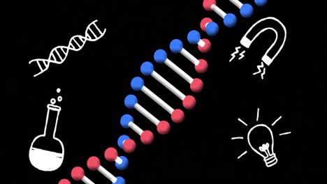 Animation-of-dna-strand-and-school-icons-over-black-background