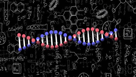 Animation-of-dna-strand-and-scientific-data-over-black-background