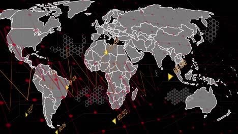 Animation-of-data-processing-over-world-map-against-black-background