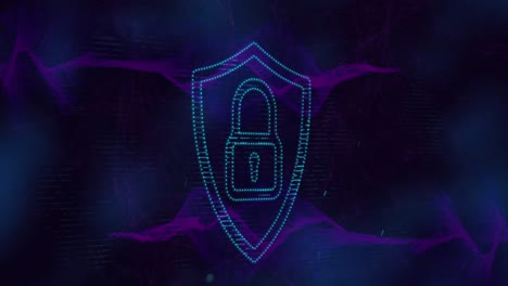 Animation-of-security-padlock-icon,-light-spot-and-purple-digital-waves-against-black-background