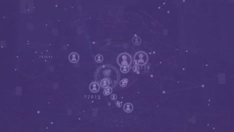 Animation-of-network-of-connection-and-profile-icons-floating-against-purple-background