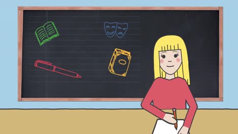 Animation-Von-Schulsymbolen-über-Kaukasischem-Schulmädchen