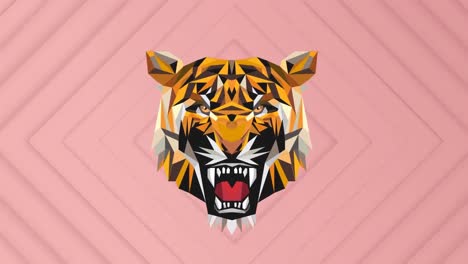 Animation-of-tiger-face-icon-against-concentric-circles-in-seamless-pattern-on-pink-background