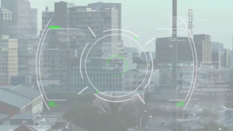 Animation-of-scope-scanning-over-data-processing-against-aerial-view-of-cityscape