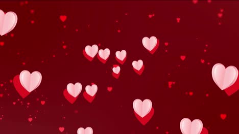 Animation-of-pink-heart-icons-floating-against-copy-space-on-red-background