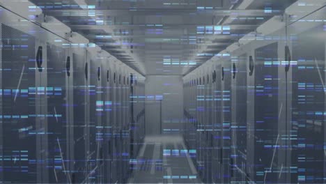 Animation-of-blue-mosaic-squares-and-light-trails-against-computer-server-room