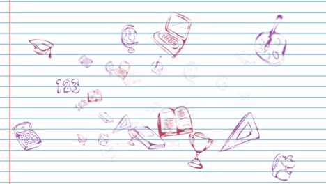 Animation-of-school-icons-over-white-ruled-paper-background