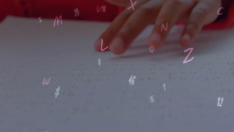 Animation-of-numbers-over-caucasian-schoolgirl-reading-braille