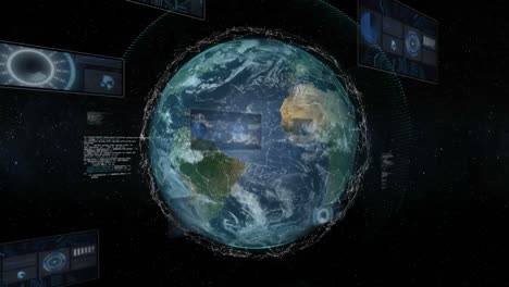 Animation-Eines-Runden-Scanners-Und-Der-Datenverarbeitung-Im-Vergleich-Zu-Einem-Netzwerk-Von-Verbindungen-über-Einen-Globus