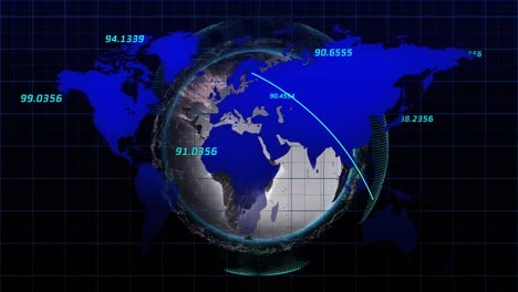 Animation-of-numbers-floating-over-world-map-and-spinning-globe-over-grid-network