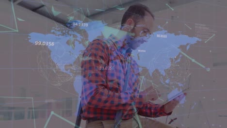 Animation-of-plexus-networks-over-world-map-against-biracial-man-using-digital-tablet-at-office